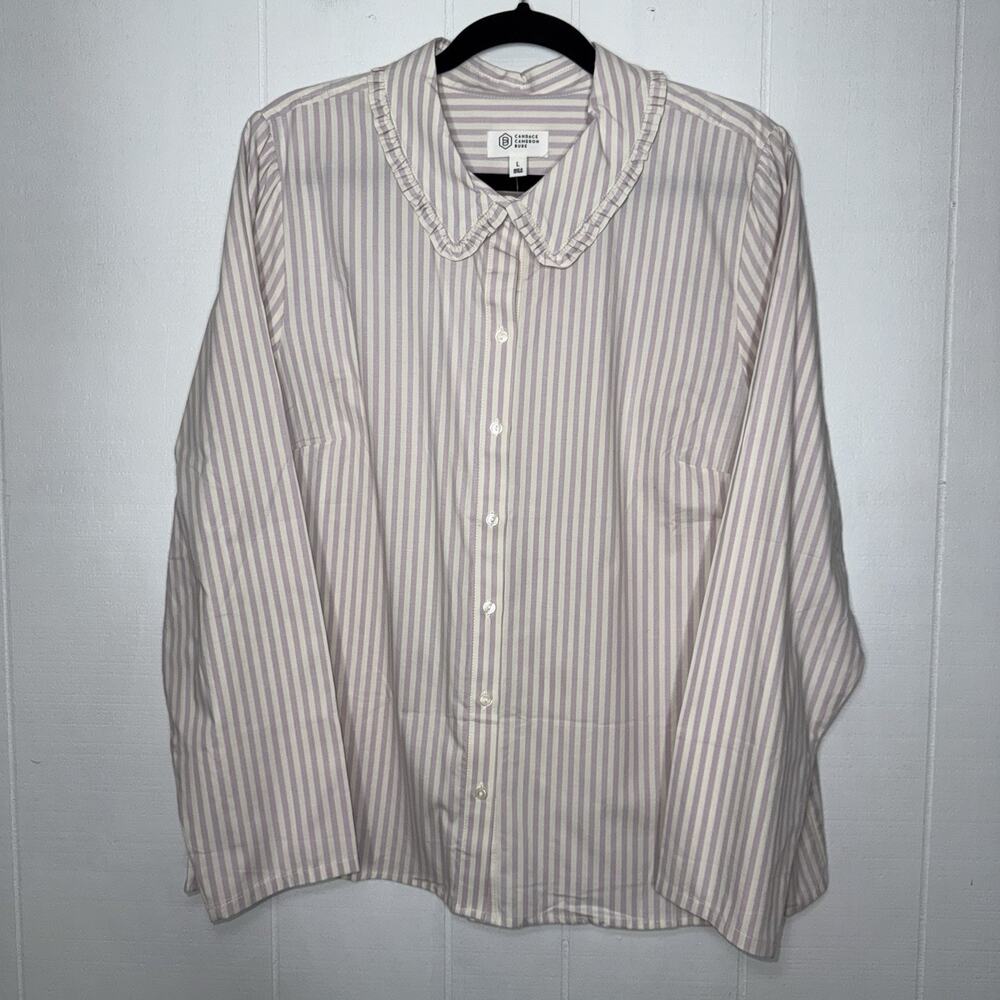 Candace Cameron Bure Women’s Lavender Striped Shirt Ruffle Collar Size L NWOT